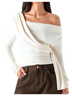 RoseSeek Women's Off The Shoulder Tops Asymmetrical Tie Long Sleeve T Shirts Ruched Elegant Tee Top Large Beig