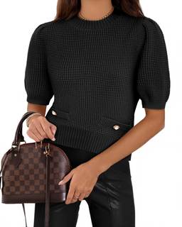 Cicy Bell Womens Puff Short Sleeve Sweaters Cropped Ribbed Knit Sweater | Crewneck，Pullover，Lightweight Tops，C