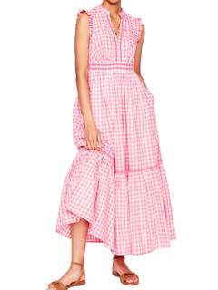 HOULENGS Women's Summer Casual Sleeveless Gingham Maxi Dress 2026 V Neck Ruffle Flowy A Line Tiered Long Sundr