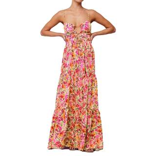 ABYOVRT Women Floral Maxi Dress Tie Front Cut Out Backless Boho Spaghetti Strap Summer Beach Sundress Pink Ora