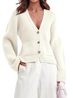 Saodimallsu Womens Deep V Neck Cardigan Sweaters Open Front Button Down Long Sleeve Cropped Knit Coats with Po
