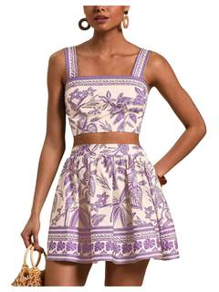 Floerns Women's Two Piece Outfit Tropical Crop Cami Top and Summer Skirts Set Small Mauve Purple