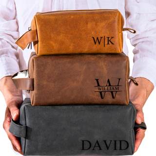 Personalized Leather Toiletry Bag for Men – Custom Shaving Dopp Kit with Name or Initial, Travel Gift for Groo
