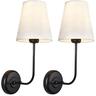 Hardwired Wall Sconce Set of 2 with Flared Shape White Textile Shade Curved Arm and Black Finish Metal Base,Pe