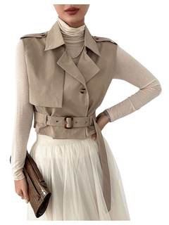 WDIRARA Women's Sleeveless Cropped Trench Coat with Belted Lapel Collar Vest Coat X-Large Khaki