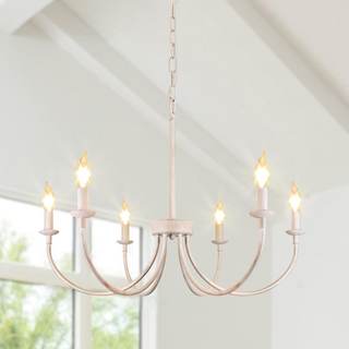 6-Light French Country Chandelier, 26" Antique White Farmhouse Chandelier | Dining Room Light Fixture, Candle 
