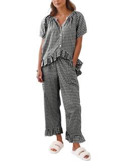 Gihuo Gingham Pajama Set for Women 2 Piece Plaid Cotton Button Down Top and Pants Ruffle Babydoll Pjs Lounge S