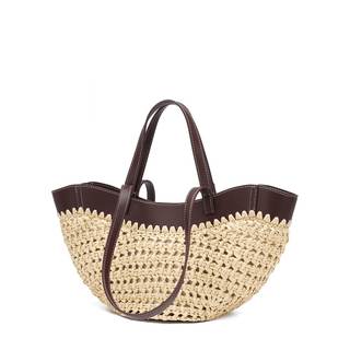 Straw Tote Bag for Women, Woven Summer Beach Bag with Leather Trim & Double Straps, Handmade Mesh Boho Shoulde