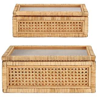 Amyhill Set of 2 Rattan Decorative Box with Glass Lid Rectangular Natural Woven Cane Stacking Display Boxes fo