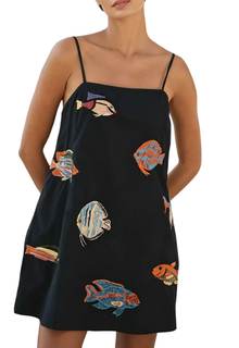 Women Boho Mini Cami Dress Graffiti Colorful Sundress | Fish Dress, Spaghetti Strap Aline Fruit Dress, Sardine
