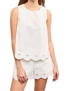 Women Trendy 2 Piece Outfits Shorts Sets Round Neck Sleeveless Scallop Embroidered Edge Top and Bottom White L