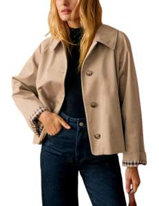 Yeokou Women Oversize Trench Coat Plaid Lining Lapel Button Down Casual Crop Jacket Outwear with Pockets