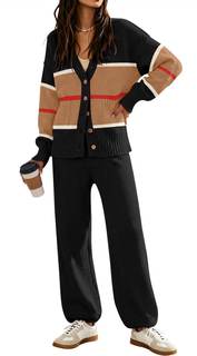 Women's 2 Piece Outfit Lounge Sets Trendy Cardigan Sweater Set Loungewear | Button Up Sweater Coat With Pocket