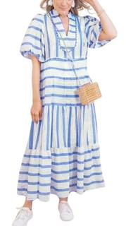 chouyatou Women's Summer Puff Sleeve Striped Midi Long Dress Notch Neck A-Line Tiered Boho Beach Dress Small B