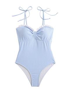 Verdusa Women's Striped Tie Shoulder One Piece Swimsuit Ruched Bust Summer Vacation Bathing Suit Small Blue an