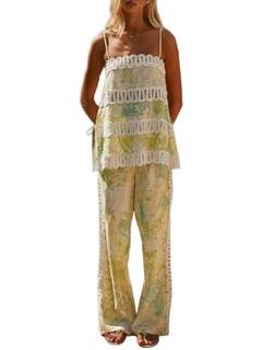 THLAI Womens 2 Piece Outfits Printed Linen Sexy Sleeveless Camisole Pants Set Outfits For Going Out