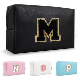 Small Travel Initial Preppy Makeup Bag, Personalized Black Cute Cosmetic Zipper Pouch Chenille Letter Travel T