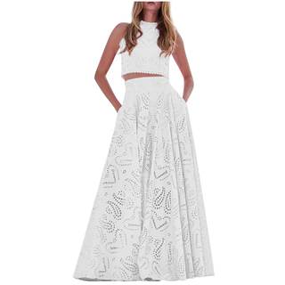 Women's Lace Eyelet 2 Piece Skirt Set Sleeveless Crop Tops Boho Embroidery Flowy Swing Party Clubwear Long Ski
