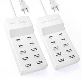Multi Port USB Charging Station, 6A+4C USB Power Strip Charger Block 2PCS | 50W 10A Total Output, Auto-Detect 
