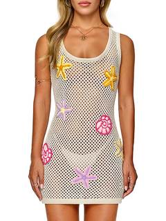 FAIRY SEASON Women's Crochet Beach Cover Up with 3D Starfish & Seashells | Sleeveless Swimsuit Coverup for Bat