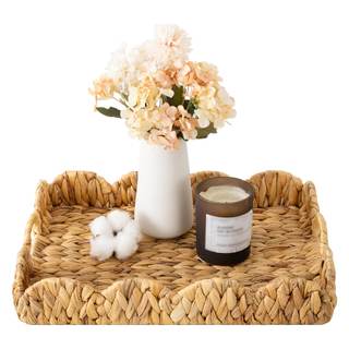 StorageWorks Scalloped Basket Tray, Rectangular Wicker Scalloped Tray | Shallow Rattan Serving Trays with Hand