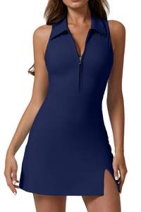 QINSEN Womens Zip Front Tennis Dress Polo Collar Racer Back Workout Golf Dresses Build in Shorts with Pockets