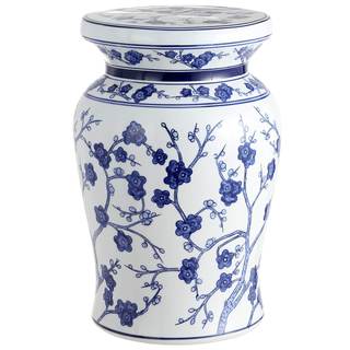 JONATHAN Y Cherry Blossom 18" Ceramic Garden Stool Side Table, Blue/White | Chinoiserie Floral Accent, Plant S