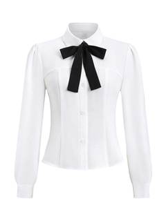 SweatyRocks Women's Puff Long Sleeve Button Down Fitted Crop Shirt Top Dressy Casual Bow Tie Elegant Blouse X-