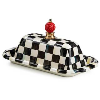 MACKENZIE-CHILDS Enamel Butter Box with Lid, Black-and-White Courtly Check | Hand-painted design, made from en