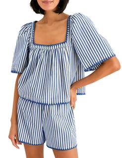 Women's Striped 2 Piece Short Set Loungewear Outfits | Striped Pajama Shorts Sets, Square Neck Crop Top, Elast