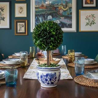 Galt International Naturally Preserved Boxwood Ball Topiary Tree in Round Hand Painted Blue & White Ceramic Po