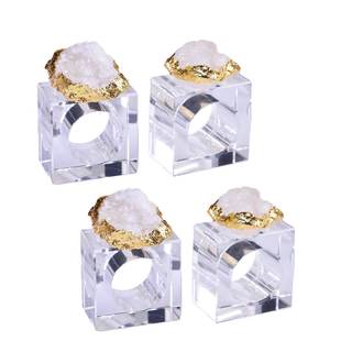 AMOYSTONE White Quartz Napkin Rings Glass Base Dining Table Decor | 4 Piece Handmade Mineral Accents, Bright N