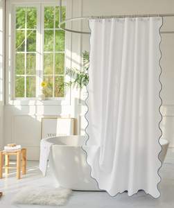 White Fabric with Water Blue Scalloped Border Shower Curtain,Boho Chic Cloth Shower Curtain for Bathroom Showe