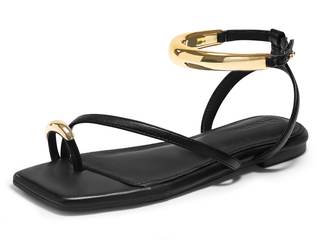 Coutgo Womens Strappy Flat Sandals Flip Flops Open Toe Ring Sandals Metal Ankle Strap Summer Beach Shoes Black