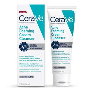 CeraVe Acne Foaming Cream Cleanser, 4% Benzoyl Peroxide Face Wash With Hyaluronic Acid, Niacinamide & Ceramide