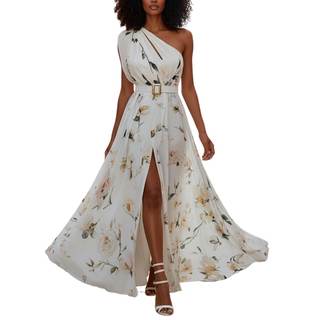 TIAFORD Women's Summer Elegant One Shoulder Belted Maxi Dress Flowy High Slit Chiffon Wedding Guest Dresses fo
