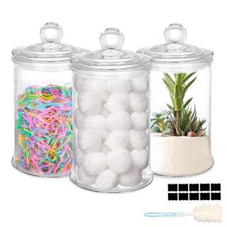 3 Pack Glass Apothecary Jars with Lids, 25oz Clear Bathroom Accessories Canisters Storage Organizer, Cotton Ba