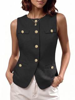 Mina Self 2026 Summer Women's Sleeveless Tweed Vest Tops - Button Front Fully-Lined Work Casual Blazer with Po
