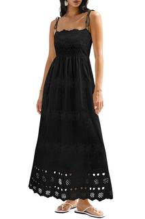 dowerme Womens Spaghetti Strap Eyelet Cotton Boho Maxi Dress | Summer Casual Square Neck Smocked Long Wedding 