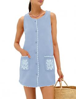 Sleeveless Mini Dress for Women Faux Suede Soft Cover Up with Button Front Summer Casual Embroidered Shift Dre