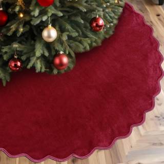 RoundFunny Burgundy Christmas Tree Skirt 48 Inches Neutral Velvet Christmas Tree Skirts Modern Scalloped Edge 