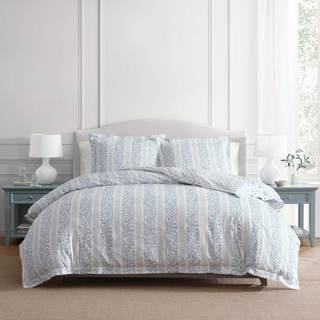 Martha Stewart - Queen Duvet Cover Set, 100% Smooth & Silky Sateen Cotton Bedding, 3 Piece Striped Bedding wit