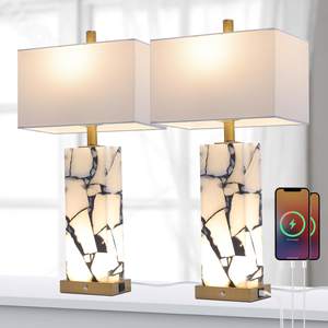 25.7" Natural Marble Table Lamps Set of 2, Alabaster Lamp with Nightlight | 3CCT Bedside lamps with USB Chargi