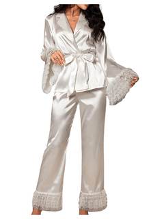 Verdusa Womens Silk Pajamas Set 2 Piece Lace Satin Pjs Ruffle Long Sleeve Belted Top and Pants Small White