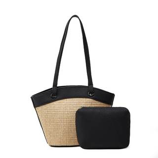 Small Style French Retro Straw Beach Tote for Women, Classic Woven Shoulder Bags, Travel Bag with Inner Liner 