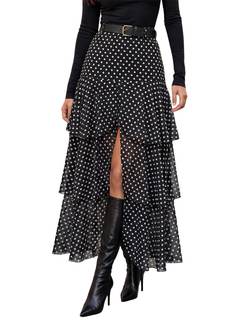 Wenrine Womens Maxi Skirt Polka Dot Front Split Tiered Retro Plaid Skirts | Medra Gingham, Polka Dot Print, Hi