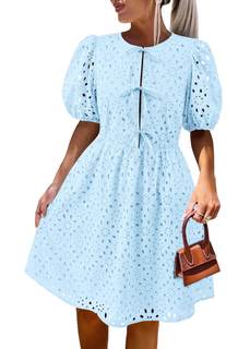 KIRUNDO Eyelet Summer Dresses for Women 2025 Short Sleeve Tie Front Babydoll A Line Wedding Guest Beach Vacati