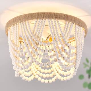 Capslpad Wood Beaded Flush Mount Ceiling Light Antique Rustic Mini Chandelier 3-Light White Boho Light Fixture