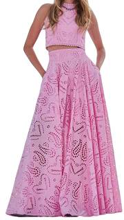 Women's 2 PCS Lace Holes Tank Tops Bodycon Skirts Sexy Nightclub Party Dress Outfits Set Medium Pink