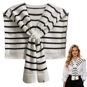 huablo Women's Fashion Knitted Shawl - Khaki Sweater Shawl for Air-Conditioned Rooms White Stripe